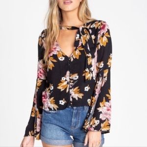 Billabong Birds on High Top Blouse Boho Black Floral Tie Front Bell Sleeve Small